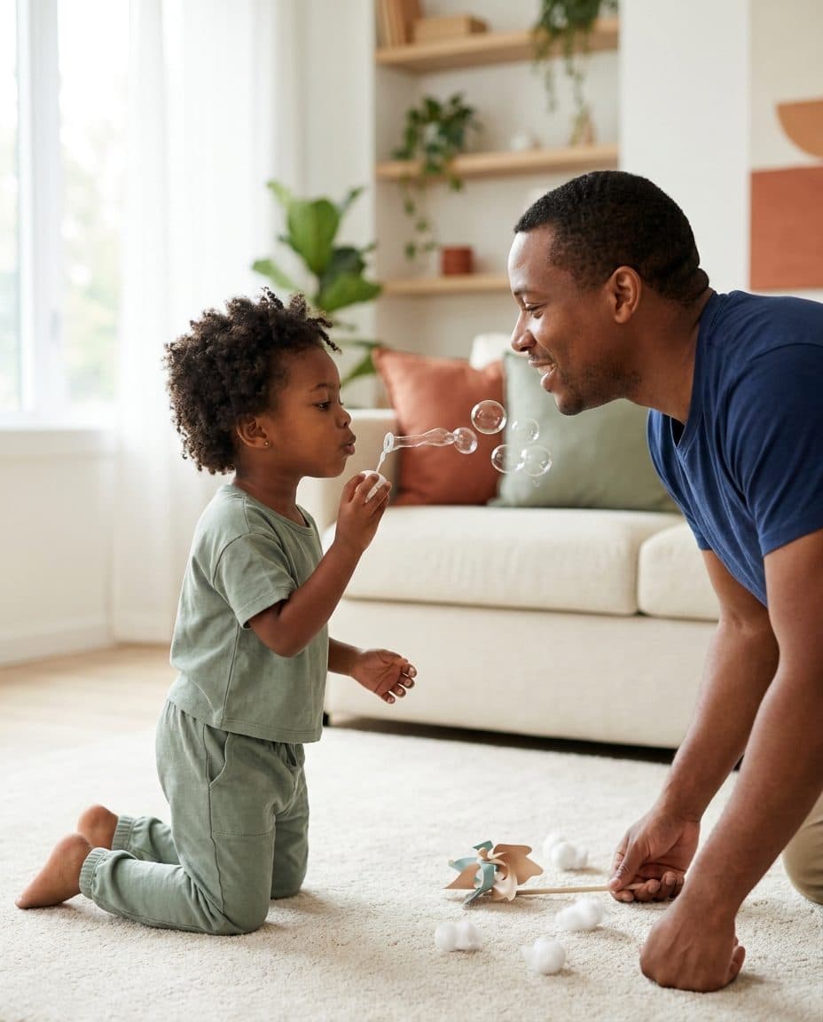 A dad and toddler blowing bubbles together