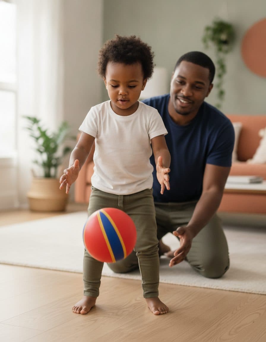 A dad and toddler playing bounce-and-catch with a ball at home