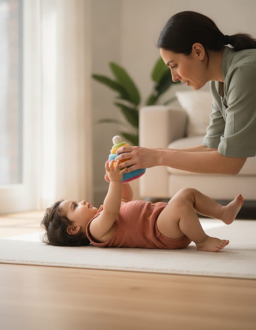 A baby holds a bridge while reaching for a toy