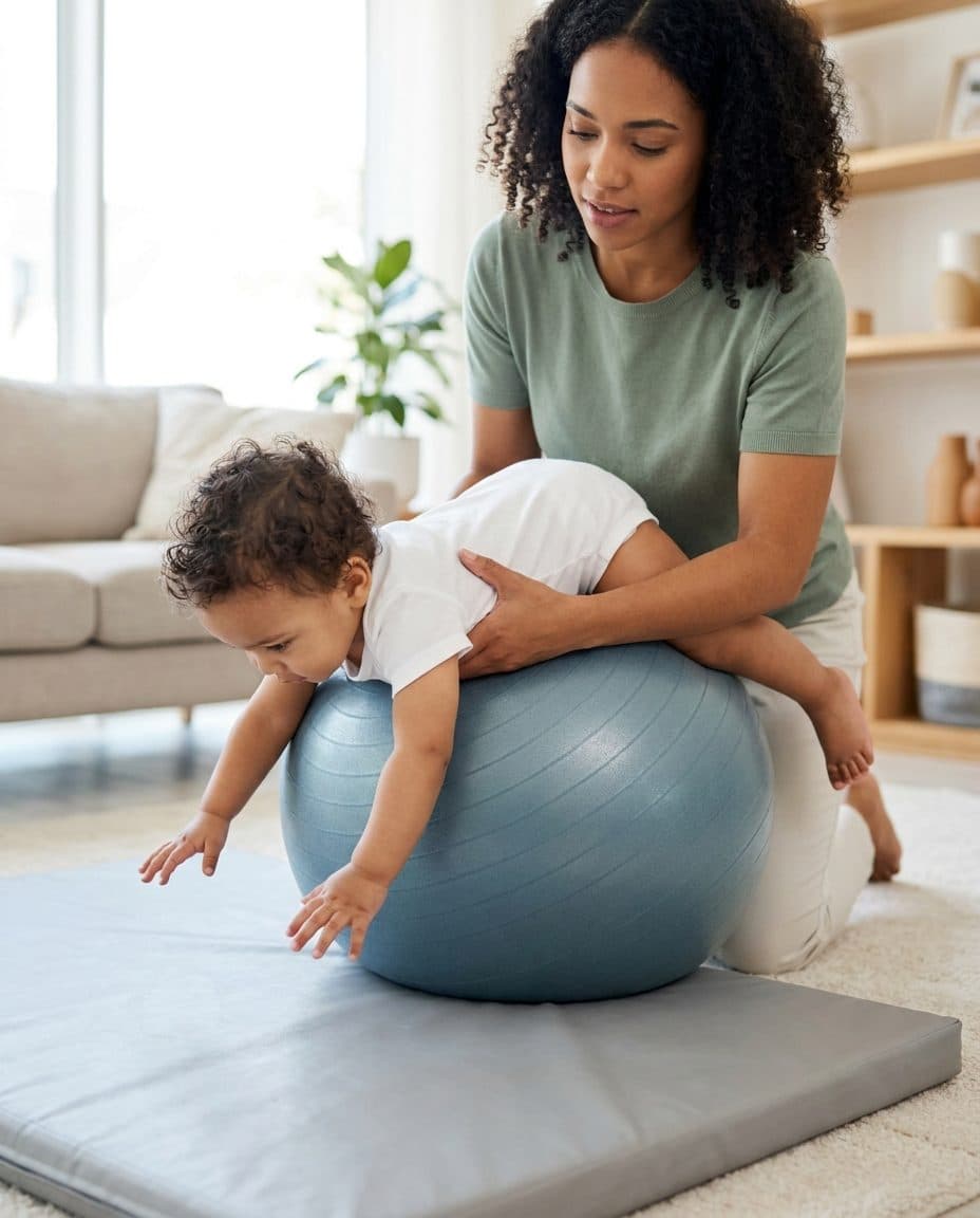 A caregiver supports a baby reaching forward over a therapy ball at home
